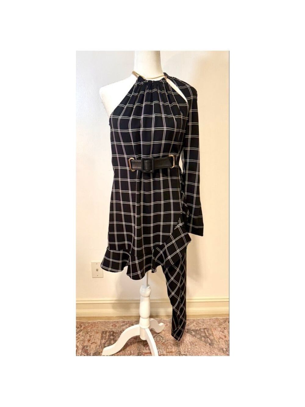 Self-Portrait One Shoulder Dress Size 4 Black and White Plaid, asymmetrical